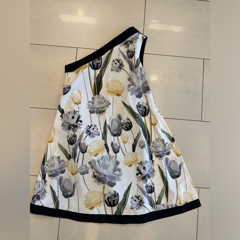 Ted Baker one shoulder dress white w/ yellow and black flowers (TB size 2 or 6)